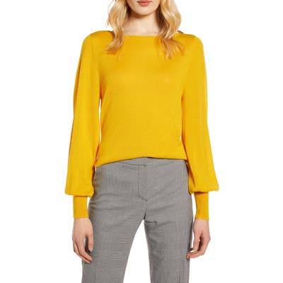Halogen Bishop Sleeve Merino Wool Blend Sweater, Yellow