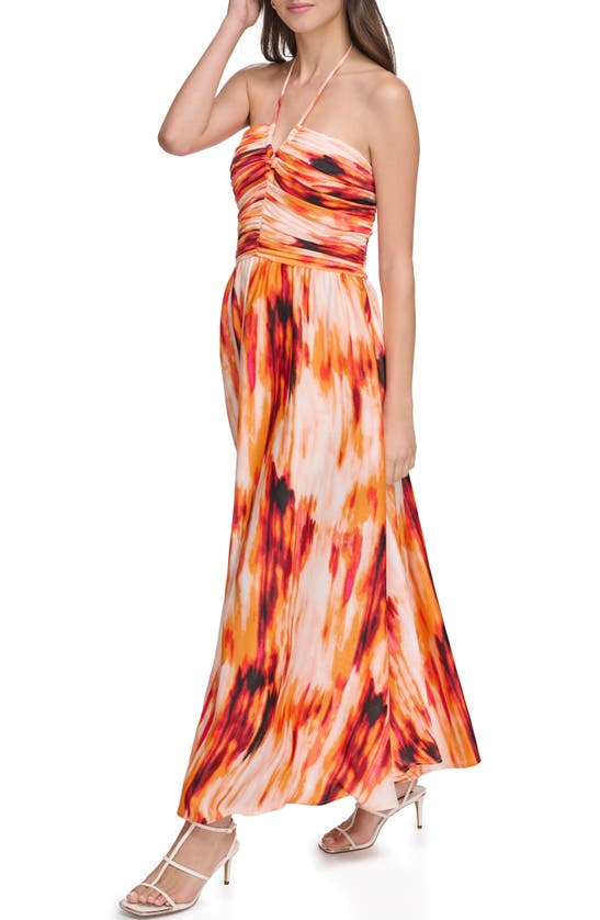 Shop Dkny Tie Dye Halter Neck Satin Maxi Dress In Orange Blossom Multi