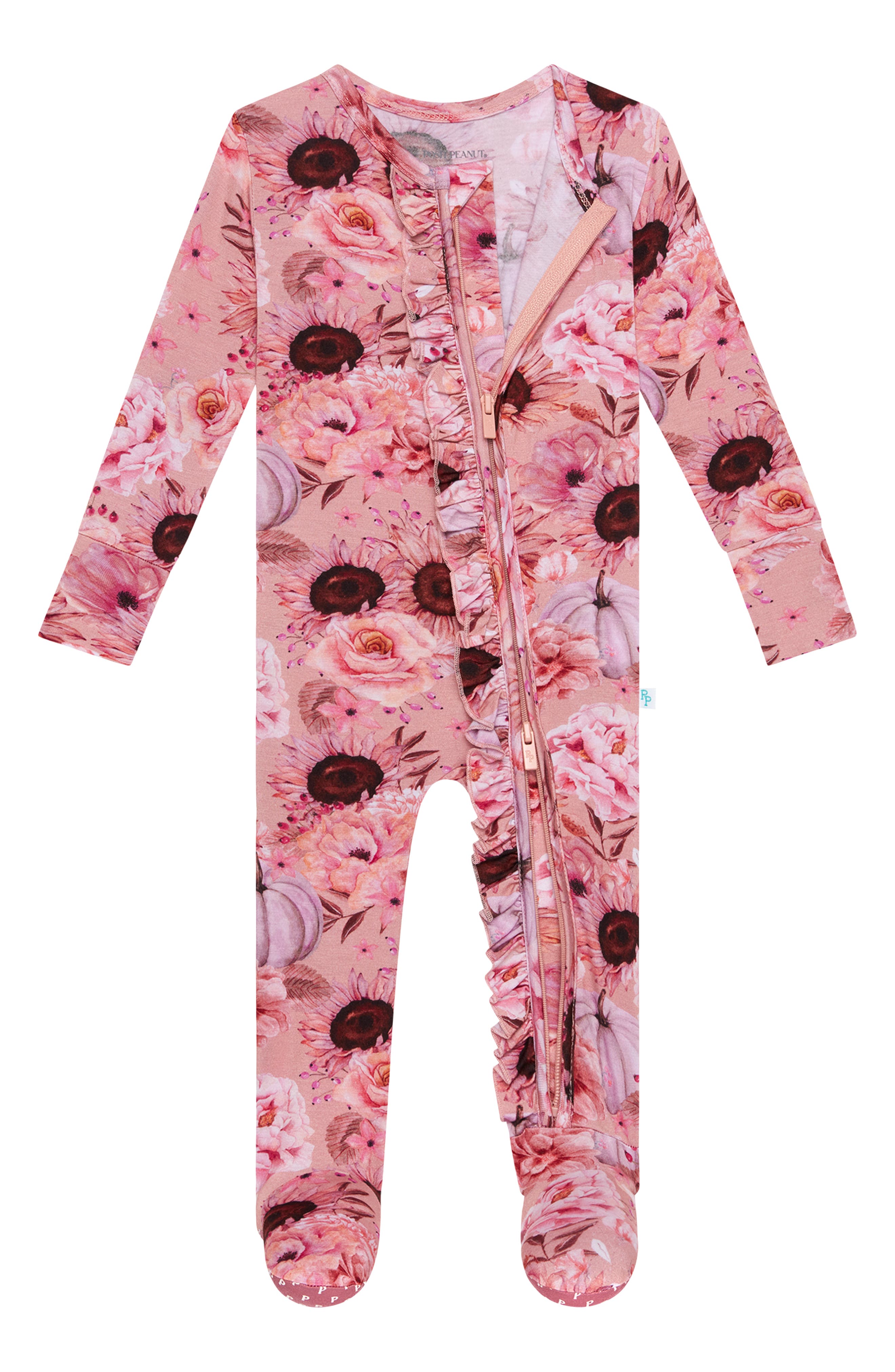 Liliana Floral Ruffle Zip Fitted Footie Pajamas in Pink Overflow at Nordstrom Nordstrom Baby Clothing Loungewear Pajamas 