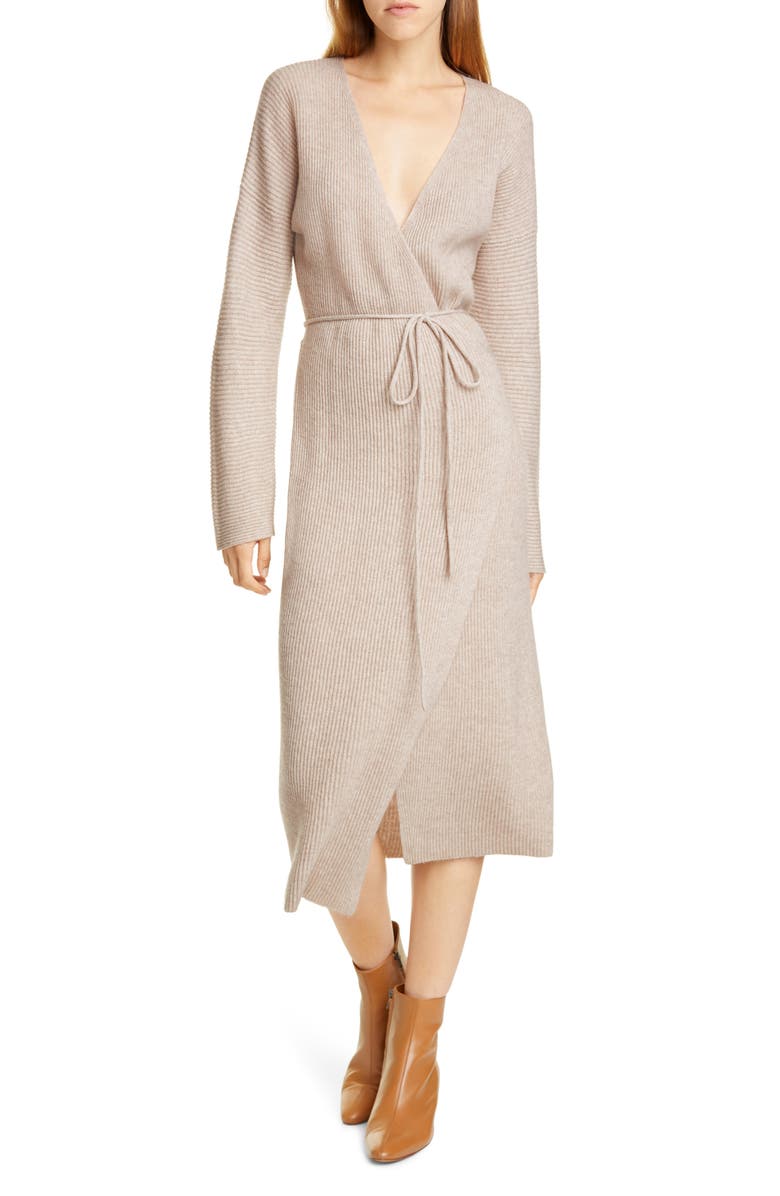 Vince Ribbed Wrap Long Sleeve Wool & Cashmere Midi Dress | Nordstrom