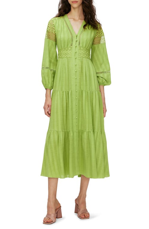 Diane von Furstenberg Gigi Lace Inset Cotton Midi Shirtdress Chartreuse at Nordstrom,