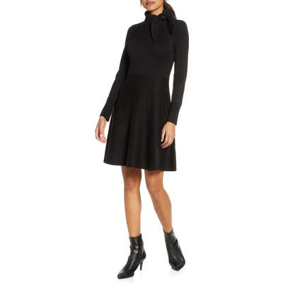Eliza J Tie Neck Long Sleeve Fit & Flare Sweater Dress, Black