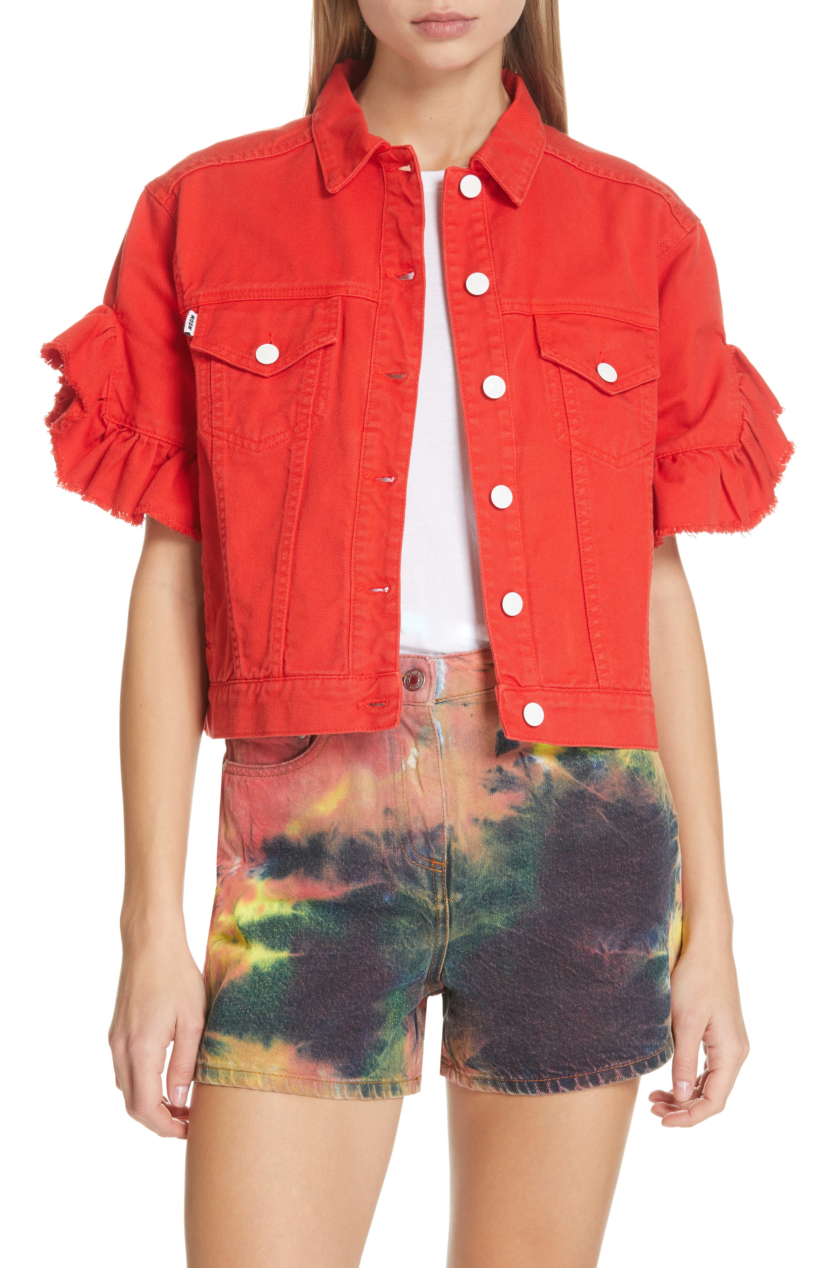 denim jacket with ruffle sleeves