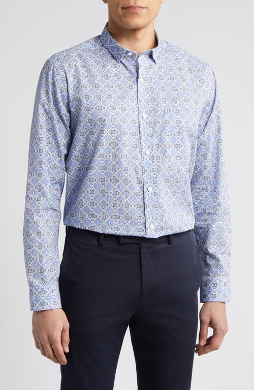 Mosaic Print Cotton Button-Up Shirt in Blue