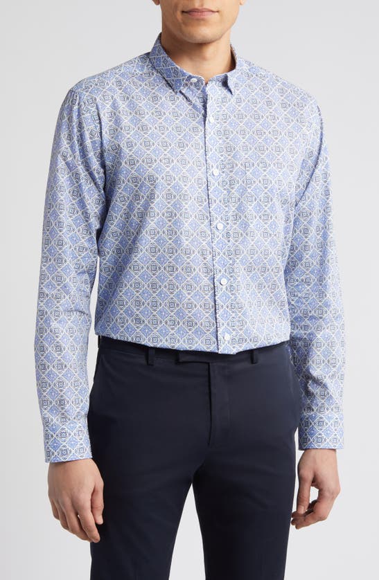Shop Johnston & Murphy Mosaic Print Cotton Button-up Shirt In Blue