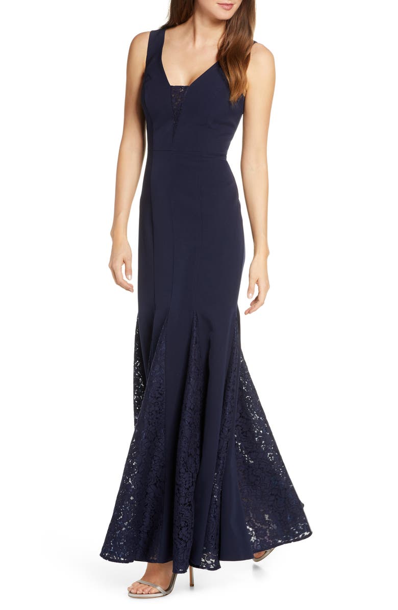 Eliza J Lace Inset Laguna Crepe Trumpet Gown | Nordstrom