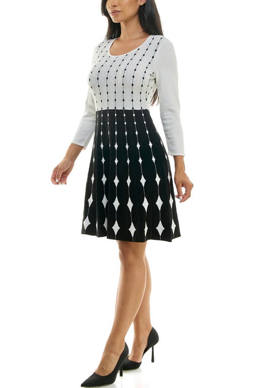 Nina Leonard Two-tone Fit & Flare Sweater Dress In Ivory/black