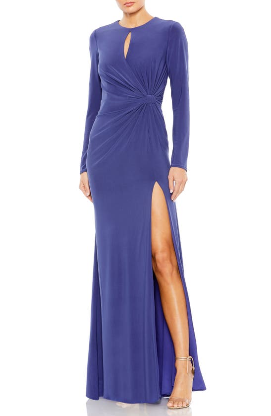 MAC DUGGAL RUCHED KEYHOLE LONG SLEEVE JERSEY GOWN