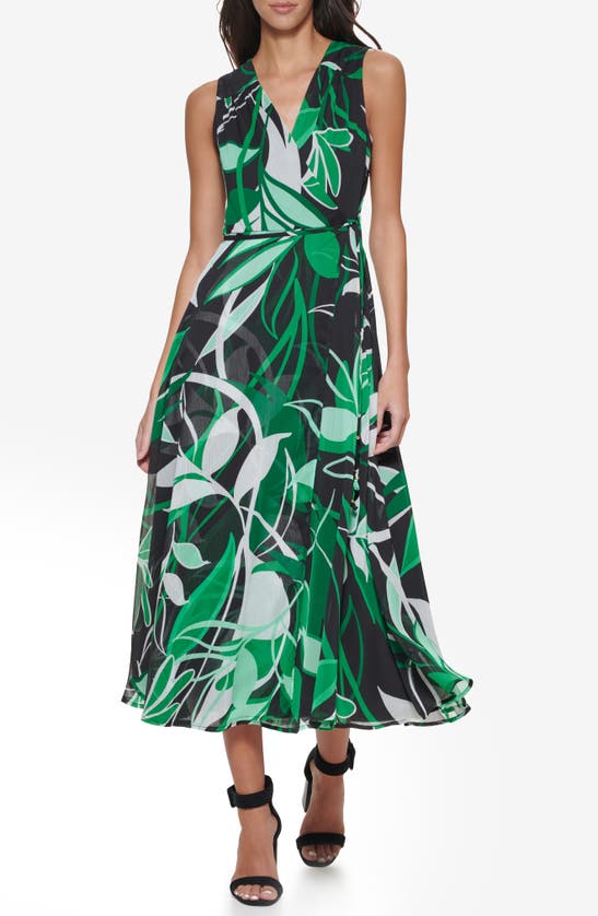 Shop Calvin Klein Sleeveless Chiffon Faux Wrap Midi Dress In Fern Multi