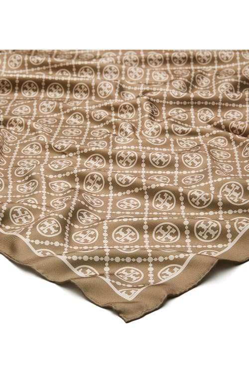 Shop Tory Burch Monogram Double Side Square Silk Scarf In Natural Khaki