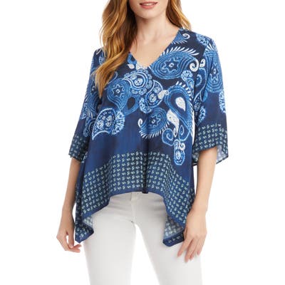 Karen Kane Border Print Handkerchief Hem Crepe Top, Blue