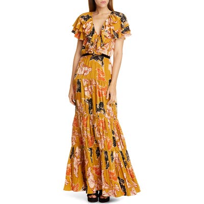 Johanna Ortiz Ruffle Floral Print Crepe De Chine Maxi Dress, Yellow