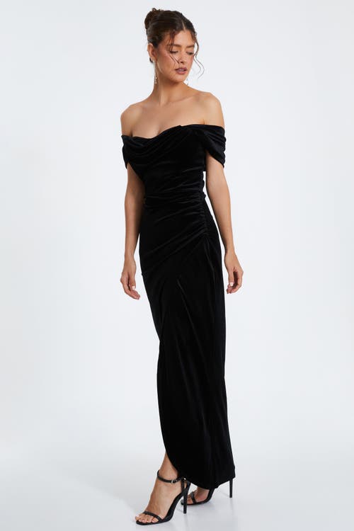 Shop Quiz Velvet Cowl Bardot Maxi Dress In Black