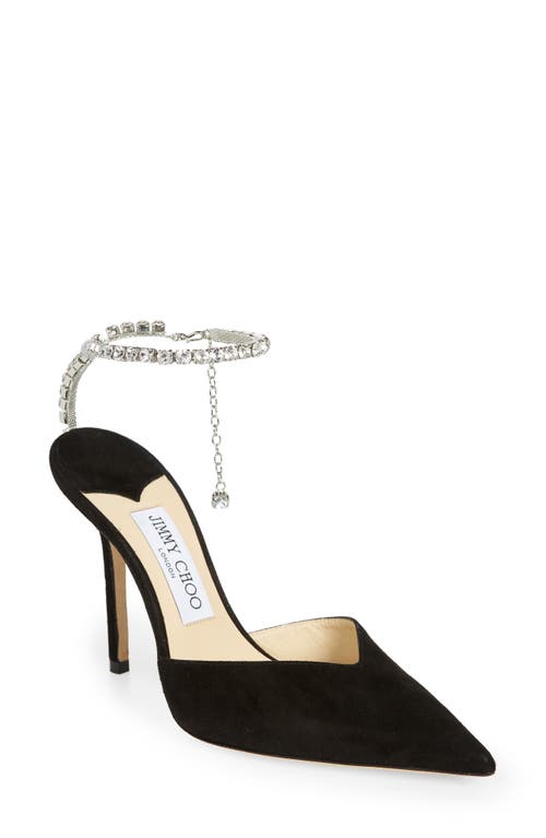 Jimmy Choo Saeda Crystal Ankle Strap Pointed Toe Pump in Black/Crystal