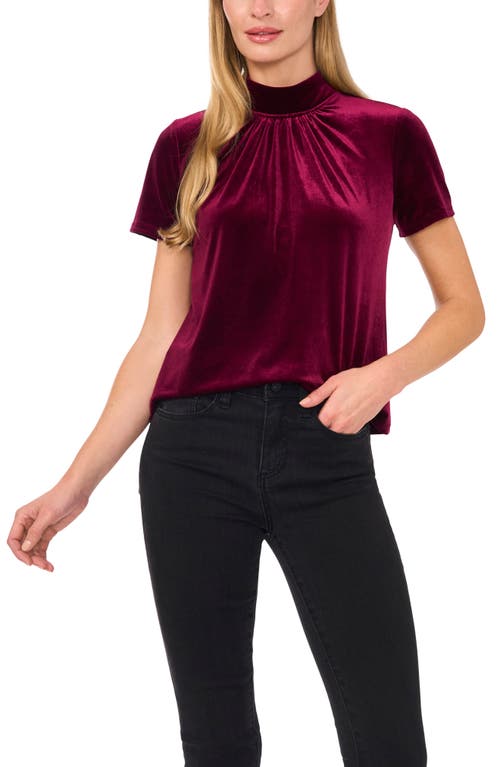 Cece Mock Neck Cutout Stretch Velvet Top In Majestic Wine