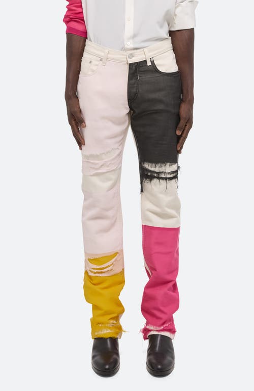 Colorblock Distressed Silk Chiffon Panel Straight Leg Jeans in Cream Multi