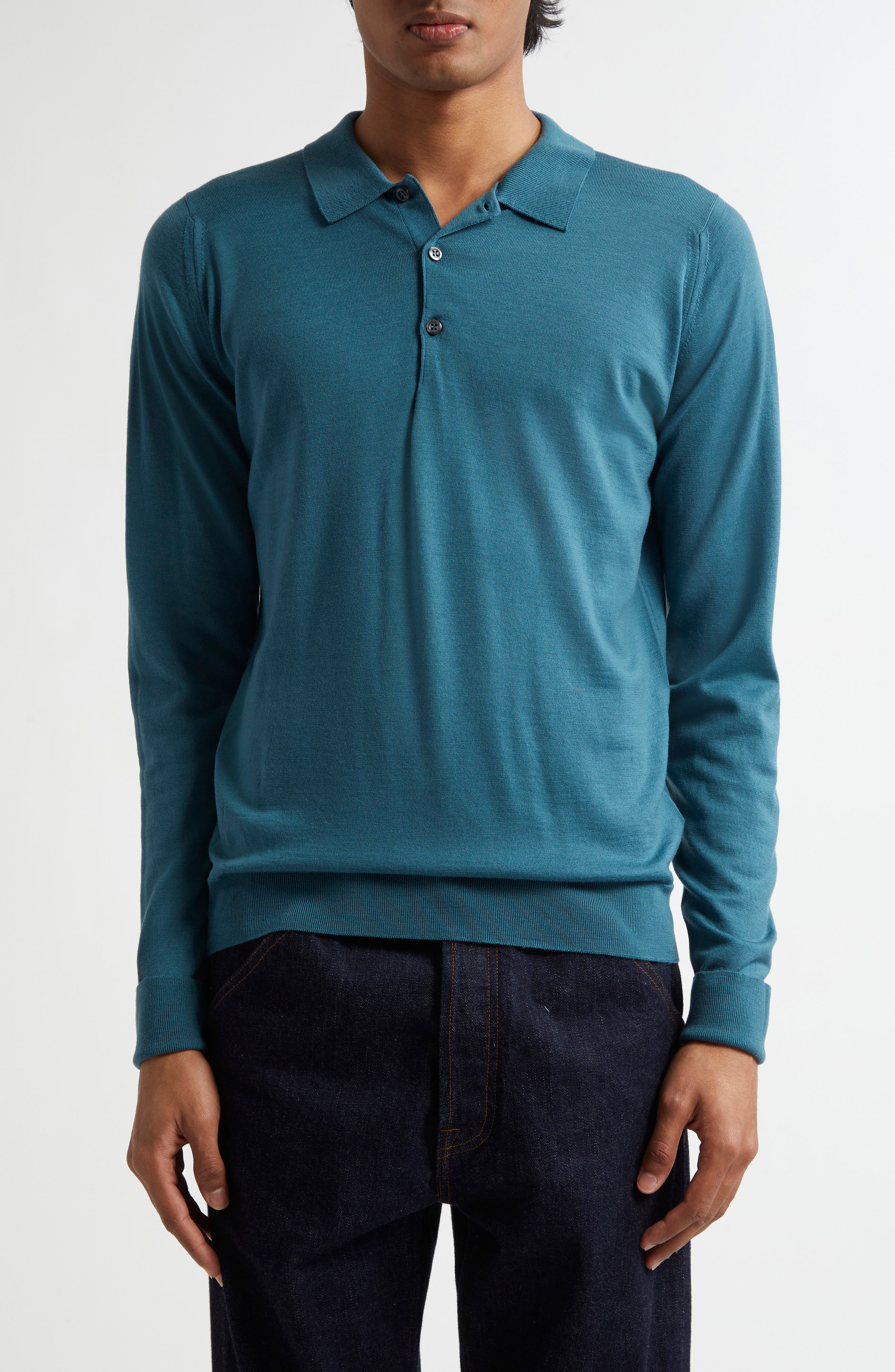 John Smedley Cotswold Wool Polo Sweater in Blue Slate 