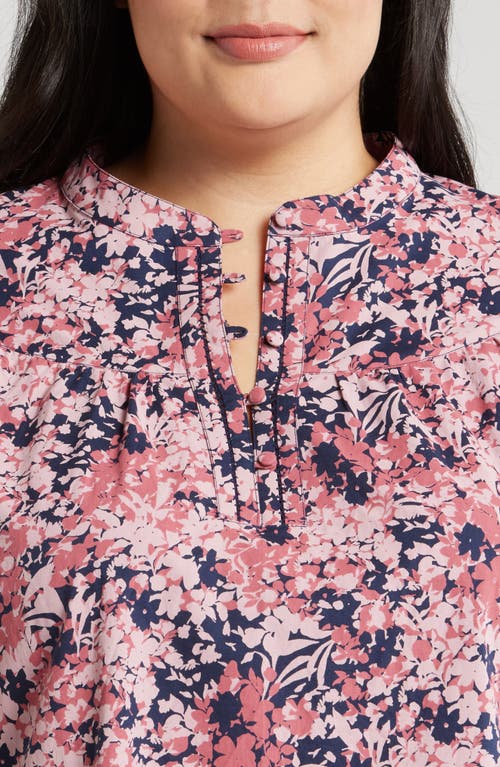 Shop Caslonr Caslon(r) Floral Cotton Split Neck Top In Navy- Pink Shadow Floral