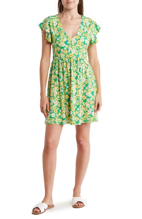 Abound Flutter Sleeve Trapeze Dress In Green- Yellow Daisy Floral