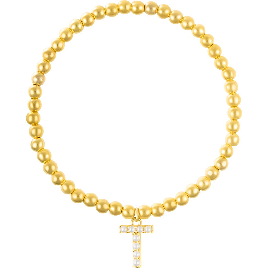 Adornia Faux Pearl Initial Charm Beaded Bracelet In Gold White-t