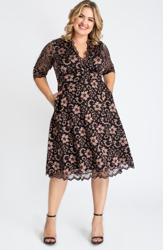 Kiyonna Plus Womens Lace Floral Cocktail And Party Dress In Black