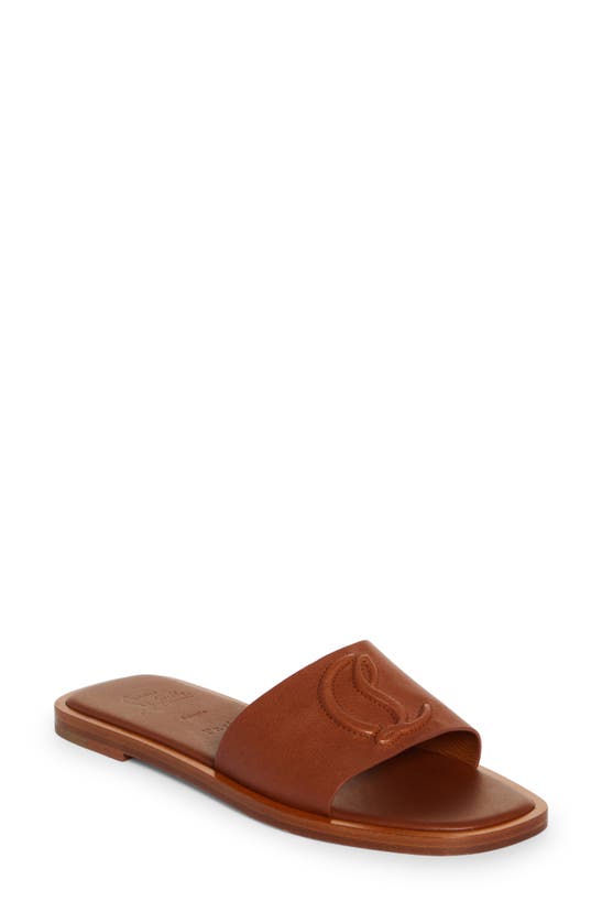 Christian Louboutin Leather Logo Red Sole Slide Sandals In Cuoio
