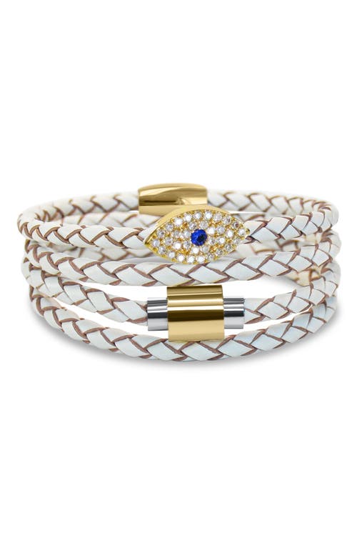 Shop Liza Schwartz Evil Eye Sapphire Stack Braided Leather Bracelet In Gold/white