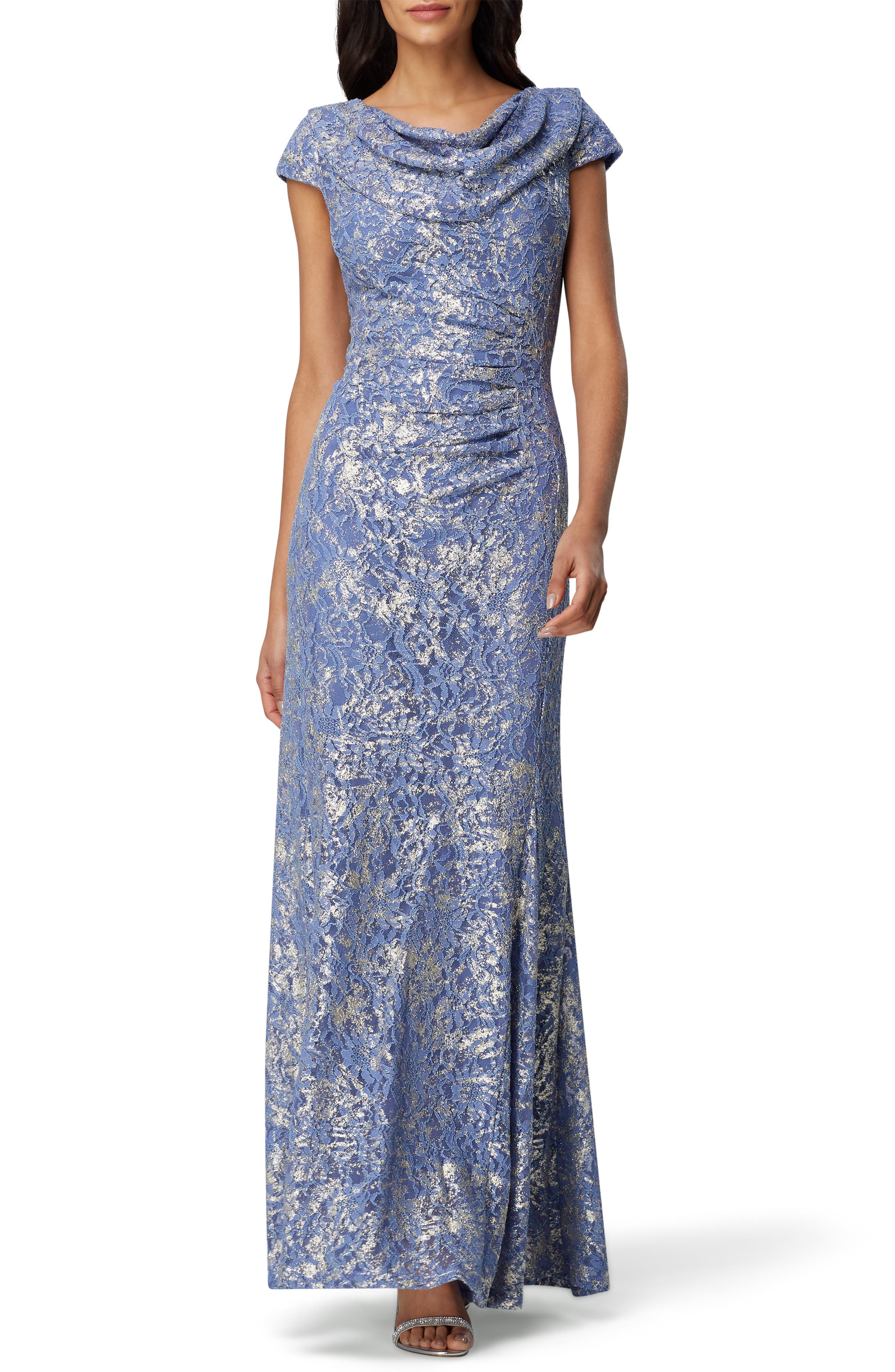 Tahari Cowl Neck Metallic Lace Gown, Blue