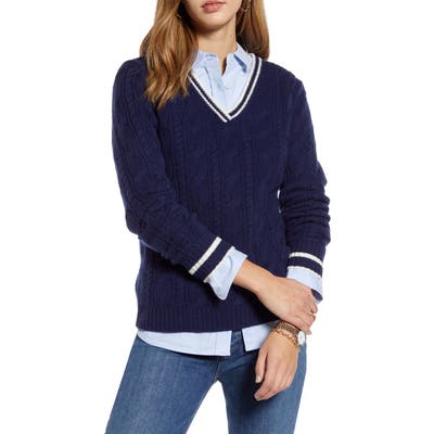 1901 V-Neck Wool & Cashmere Cable Sweater, Blue