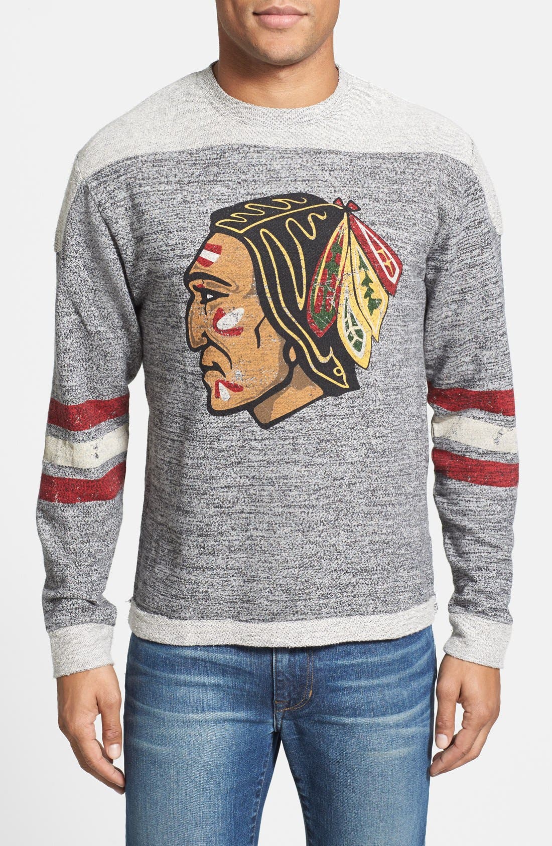 red jacket blackhawks shirt