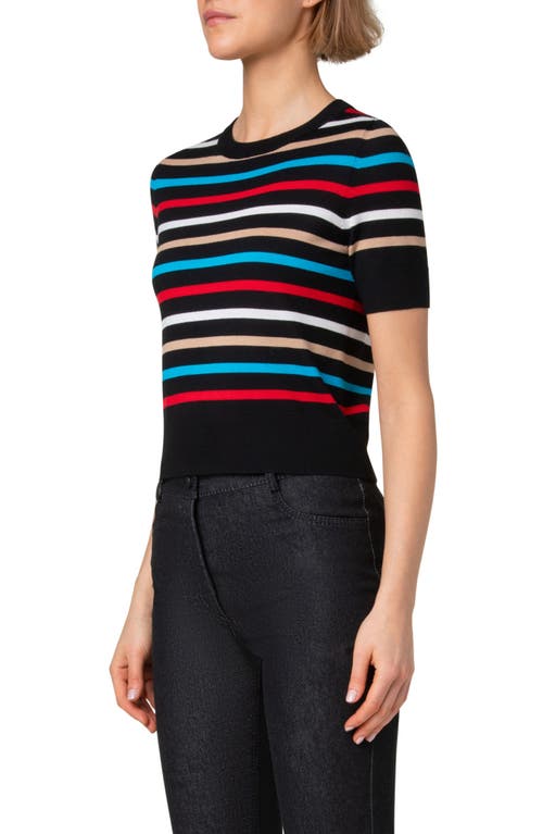 Shop Akris Punto Stripe Short Sleeve Crop Merino Wool Sweater In Black-multicolor