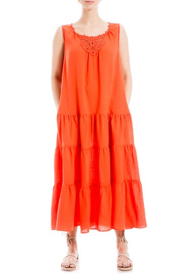 Shop Max Studio London Lace Inset Tiered Maxi Dress In Papaya-papaya