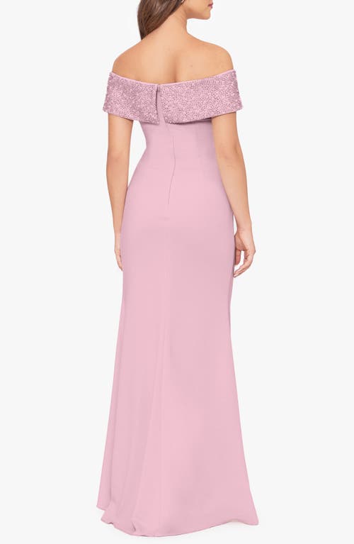 Betsy & Adam Bead Detail Off The Shoulder Scuba Crepe Sheath Gown In Rose/pearl