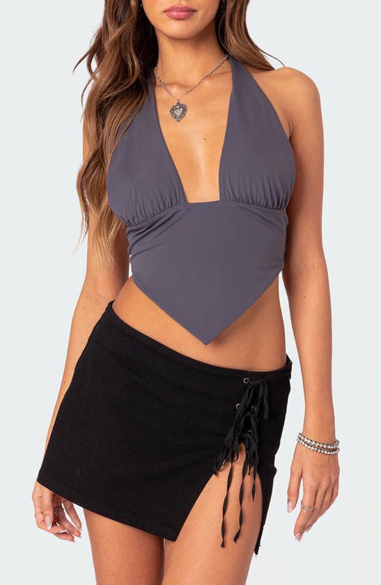 Shop Edikted Open Back Triangle Halter Top In Dark-gray