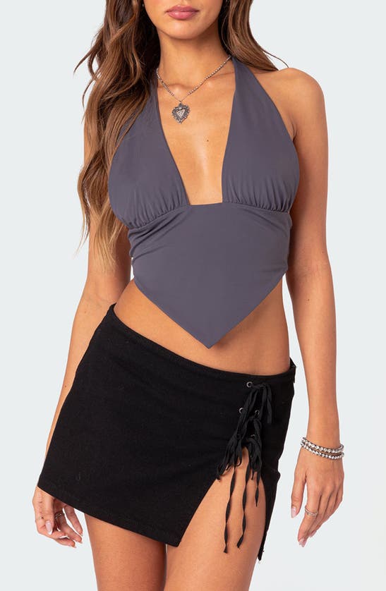 Edikted Open Back Triangle Halter Top In Dark-gray