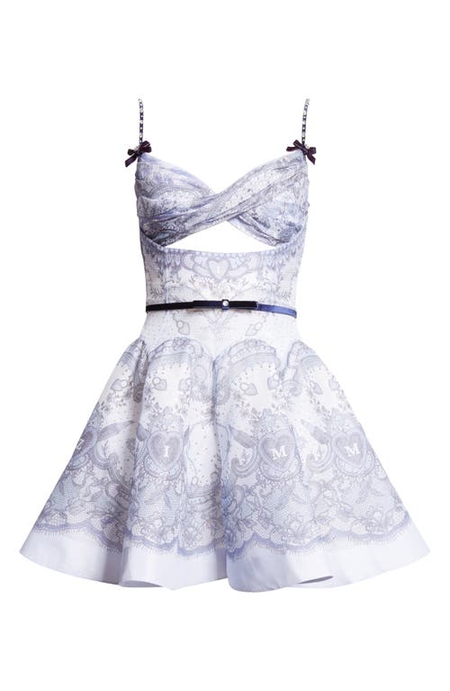 Shop Zimmermann Twist Front Cutout Belted Linen & Silk Minidress In Blue Lace Print