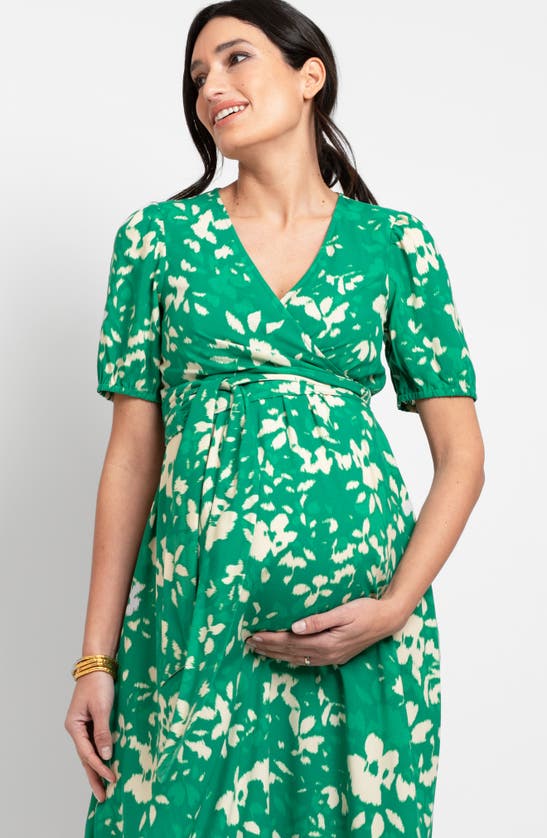 Shop Seraphine Floral Tie Waist Maternity/nursing Midi Dress In Green Print