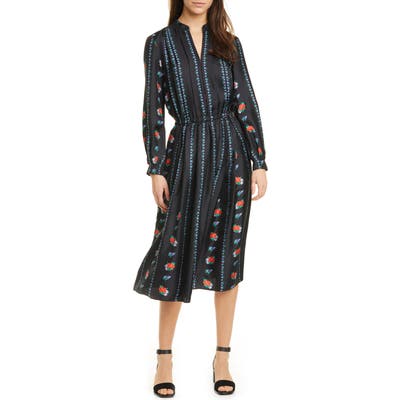 Tory Burch Floral Stripe Long Sleeve Silk Midi Dress, Red