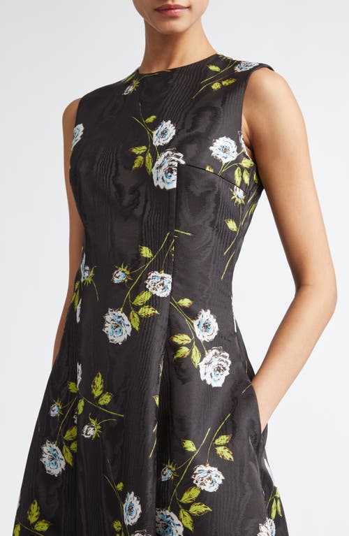 Shop Emilia Wickstead Kalina Floral Moiré A-line Dress In Rose Stems On Black