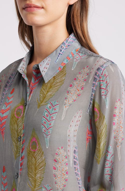 Shop Apny Feather Print Button-up Shirt In Grey Multi