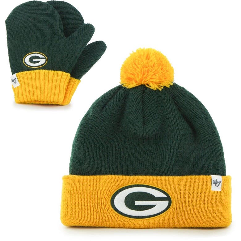 47 Babies' Infant ' Green/gold Green Bay Packers Bam Bam Cuffed Knit Hat With Pom And Mittens Set