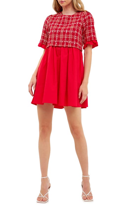 English Factory Pleated Tweed & Poplin Minidress In Red