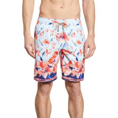 Bugatchi Watercolor Floral Print Swim Trunks, Blue