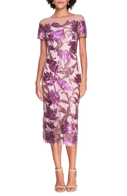 Marchesa Notte Lotus Sequin Tulle Sheath Dress In Purple/mauve