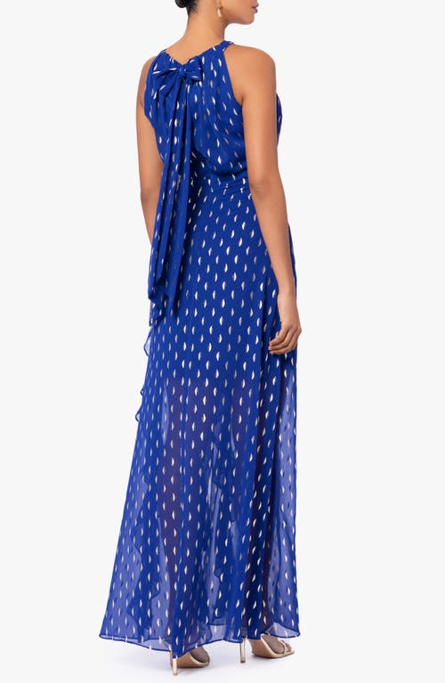 Shop Betsy & Adam Ruffle Metallic Chiffon Gown In Light Navy/gold