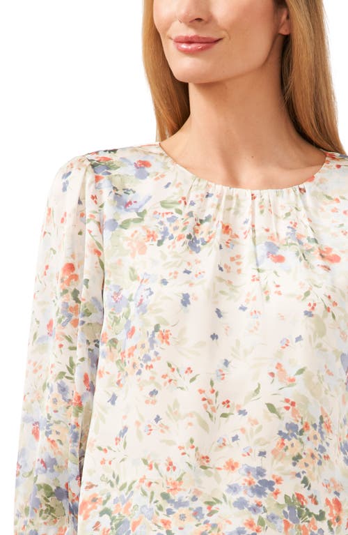 Cece Floral Ruffle Cuff Charmeuse Top In Egret Ivory