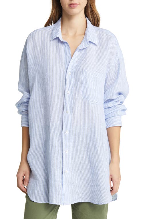 Frank & Eileen Mackenzie Stripe Oversize Linen Button-Up Shirt in Blue Stripe Lived In Linen