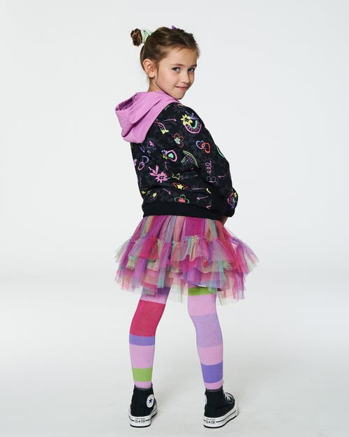 Shop Deux Par Deux Little Girl's Bi-material French Terry And Soft Fleece Zip Hoodie Black In Printed Hearts & Rainbows