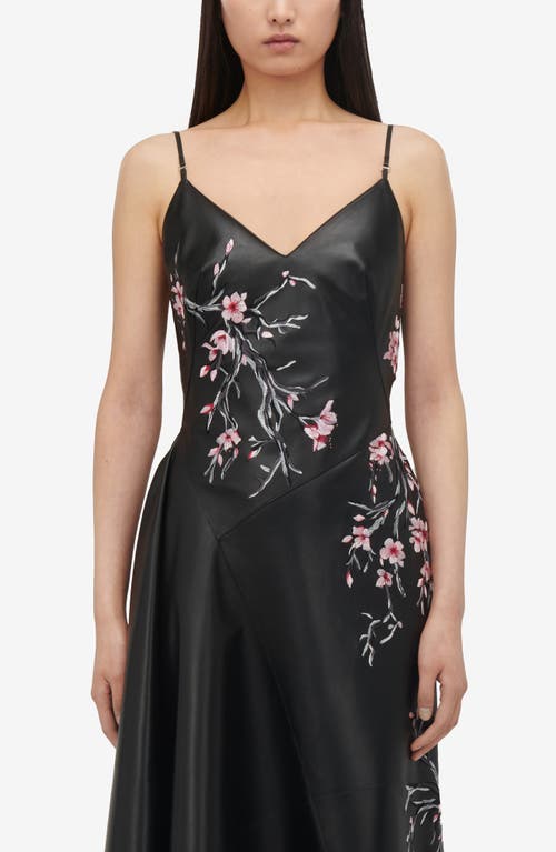 Shop Alexander Mcqueen Cherry Blossom Embroidered Asymmetric Leather Dress In Black/pink/ivory