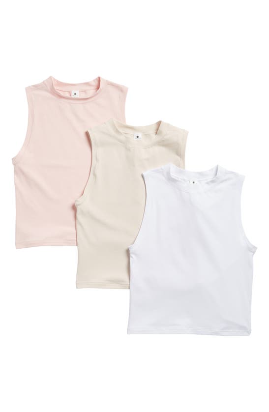 Yogalicious Assorted 3-pack Melissa Airlite Mock Neck Crop Sleeveless Tops In Chalk/ Pink/ Crystal Grey